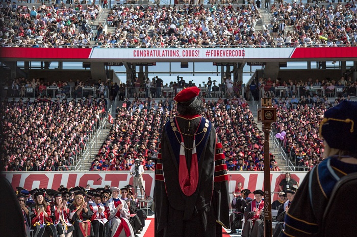 President Renu Khator addresses graduates at the 2017 Commencement ceremony in TDECU Stadium. Photo: University of Houston Facebook