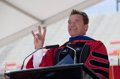 Arnold Schwarzenegger delivering the 2017 commencement address at TDECU Stadium. Photo: University of Houston Facebook